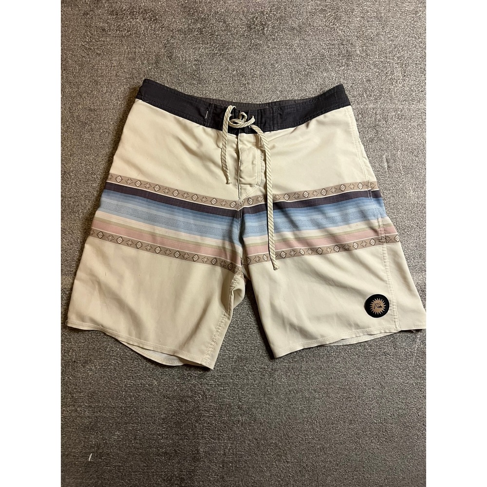 Quiksilver Highline Mens Board Shorts Cream Striped Surf Trunks Sun Patch